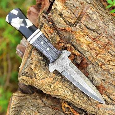 Heavy Duty Damascus Steel Dagger Knife Wood Resin Handle With Sheath