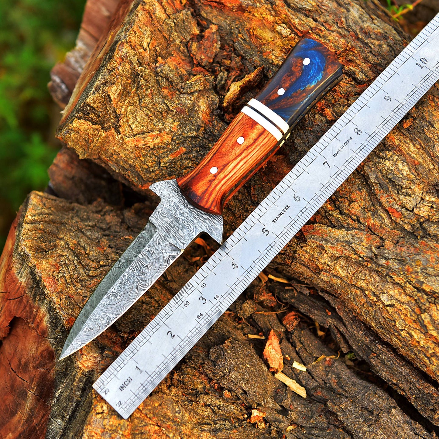 Handcrafted Damascus Steel Double Edge Blade Dagger Knife Wood Resin Handle