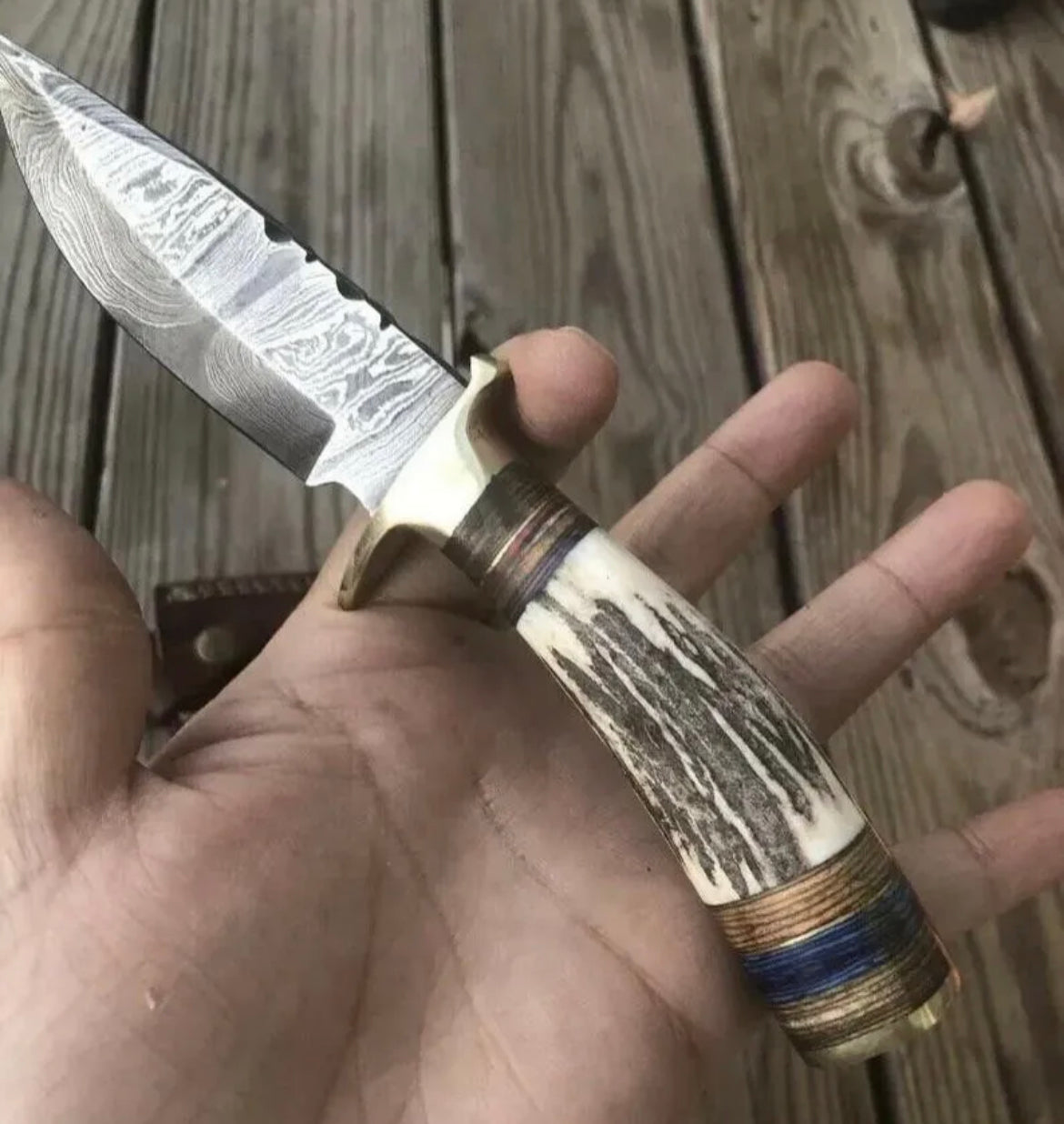 8" Handmade Damascus Steel Hunting Knife with Stag Antler Handle