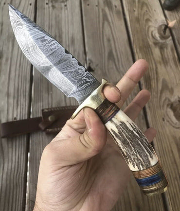 8" Handmade Damascus Steel Hunting Knife with Stag Antler Handle