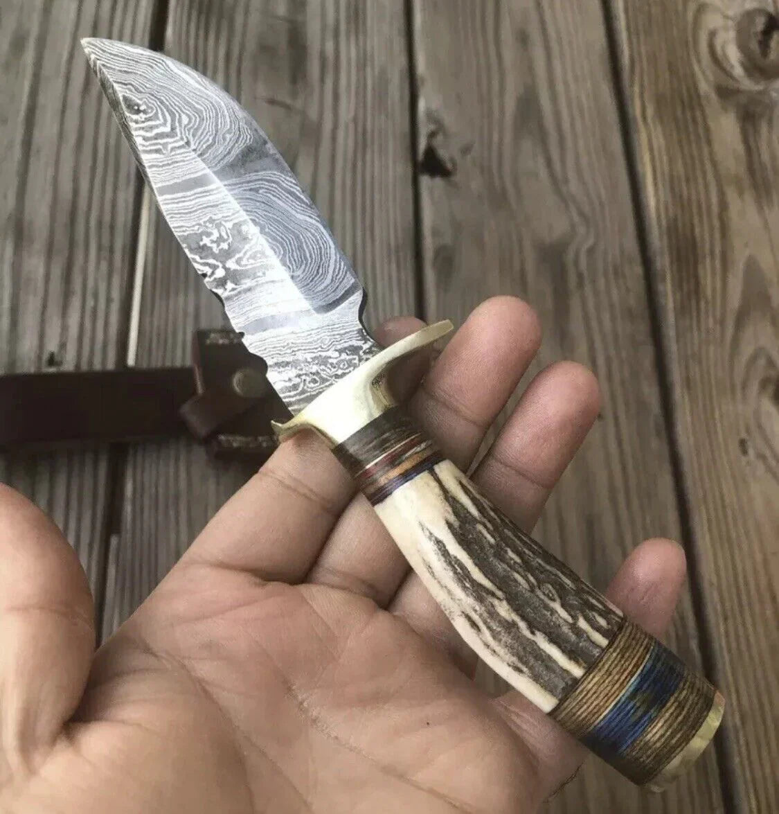 8" Handmade Damascus Steel Hunting Knife with Stag Antler Handle