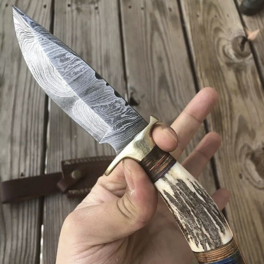 8" Handmade Damascus Steel Hunting Knife with Stag Antler Handle