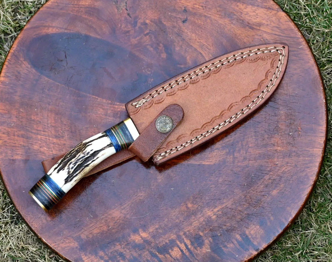 Handmade Forged Damascus Steel Kitchen Utility Knife Outdoor Camping with Deer Stag Antler Handle and Leather Sheath