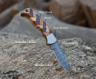 Handmade damascus Steel folding Blade Knife Bearded Wood Handle - Back Lock