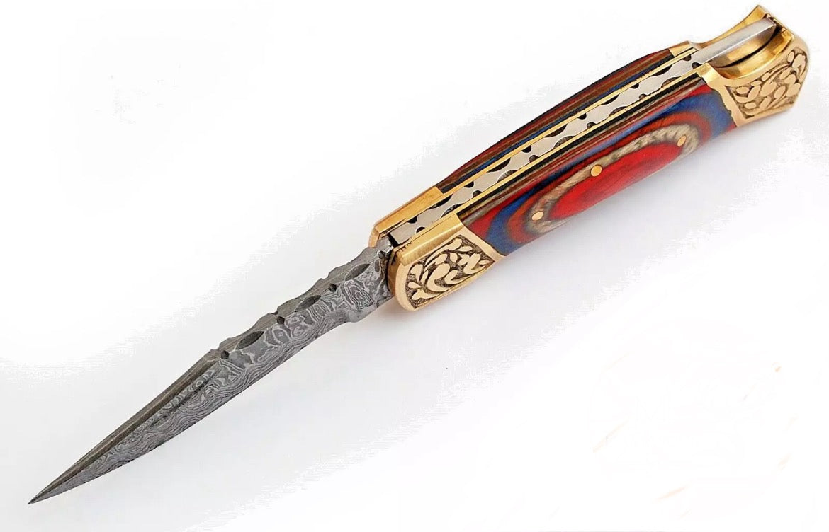Handmade Damascus Steel Lock-Back Folding Blade Pocket knife With Leather Sheath