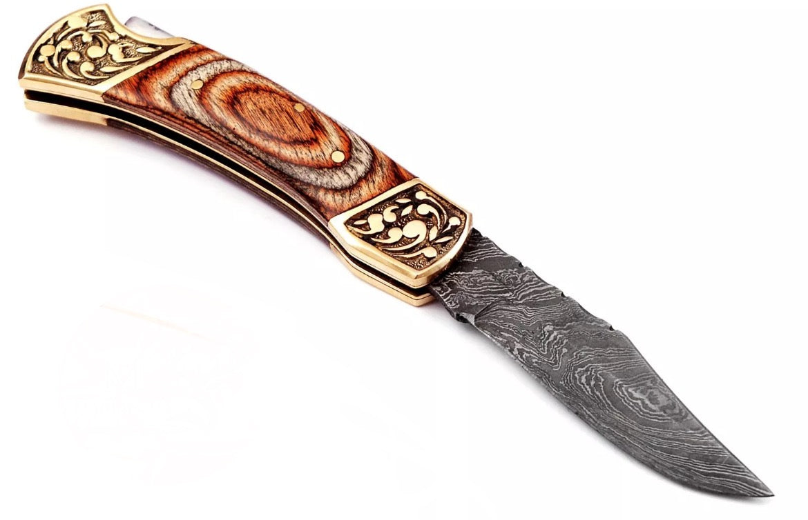 Handmade Damascus Steel Lock-Back Folding Blade Pocket knife With Leather Sheath