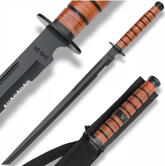 Handmade 1942 US Combat Sword with Leather Sheath | USMC Replica | Overall 27.5" Knife