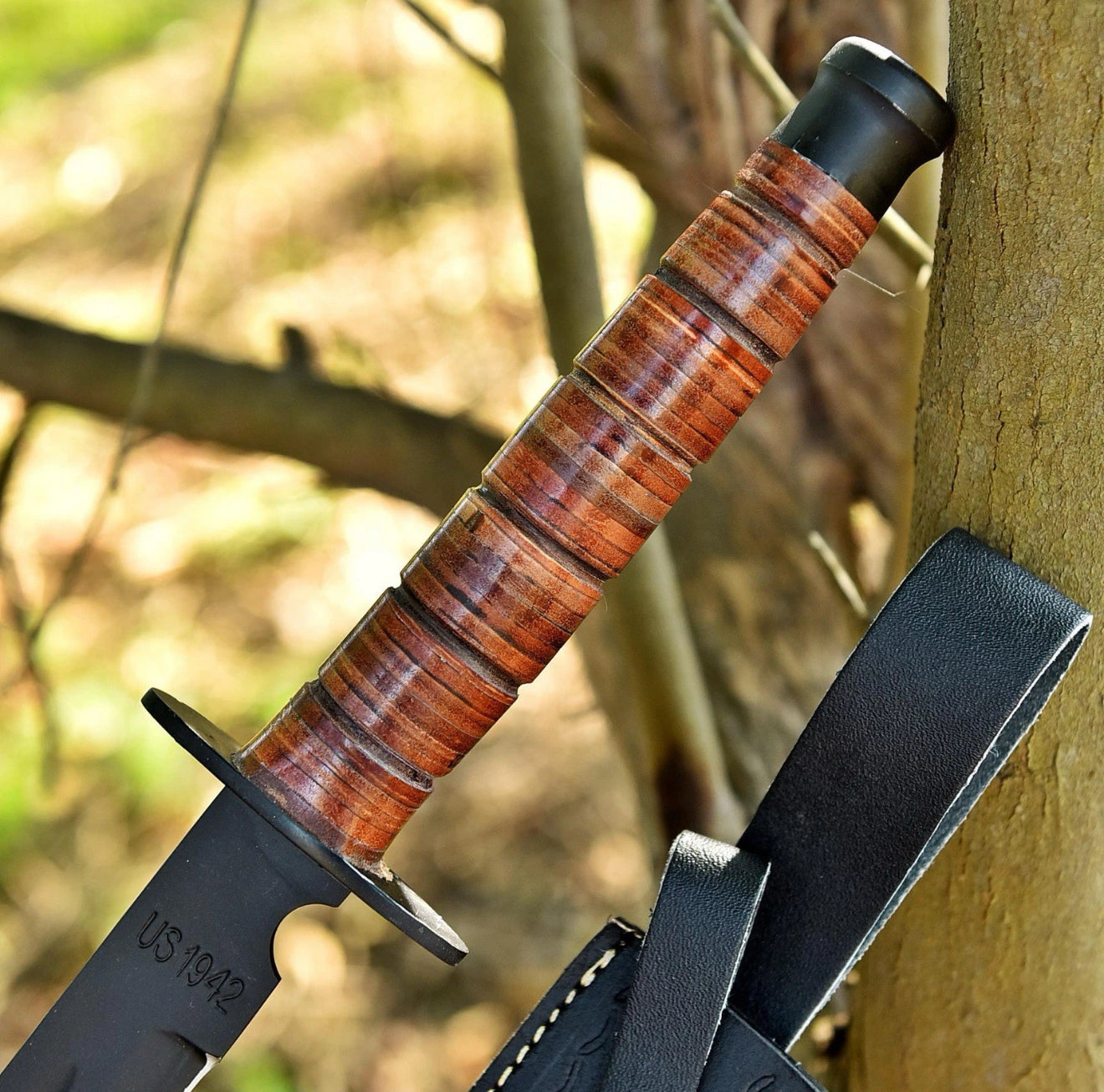 Handmade 1942 US Combat Sword with Leather Sheath | USMC Replica | Overall 27.5" Knife