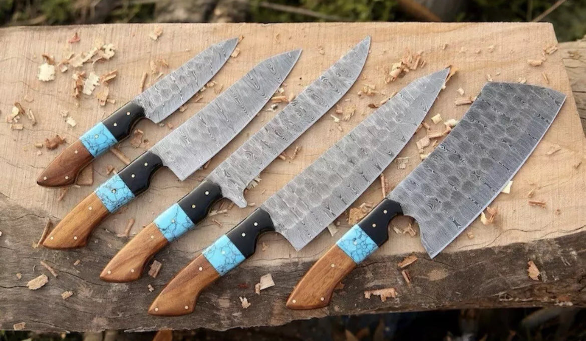 Elegant Damascus Steel Chef Knife Set with Rosewood & Resin Handle, Professional Chef Knife Set, Anniversary Gift