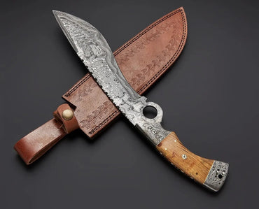 Custom Hand Made Forged Damascus Steel Hunting Kukri Knife Damascus Bolster Olive Wood Handle
