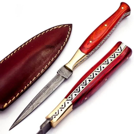 Custom Handmade Damascus Steel Hunting Boot Knife Full Tang- Red Wood Handle x-149