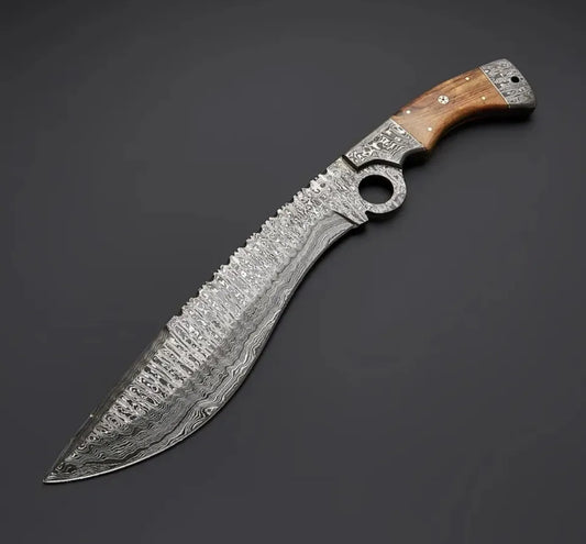Custom Hand Made Forged Damascus Steel Hunting Kukri Knife Damascus Bolster Olive Wood Handle