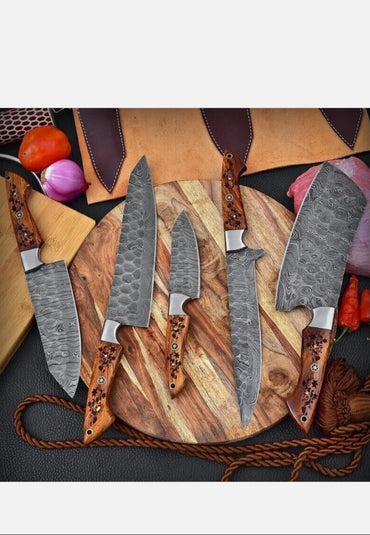 Custom Handmade 5 Piece Damascus Steel Chef Knives Kitchen Knives Set