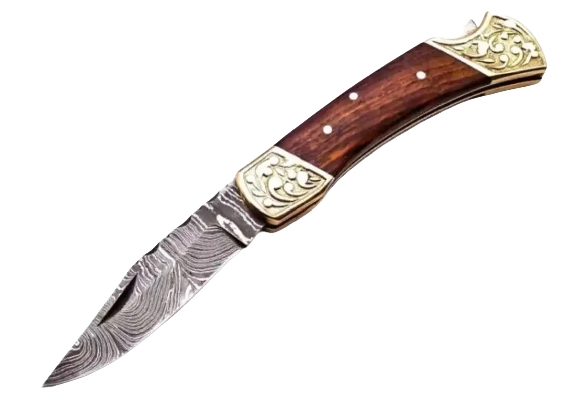 Handmade Damascus Steel Lock-Back Folding Blade Pocket knife With Leather Sheath