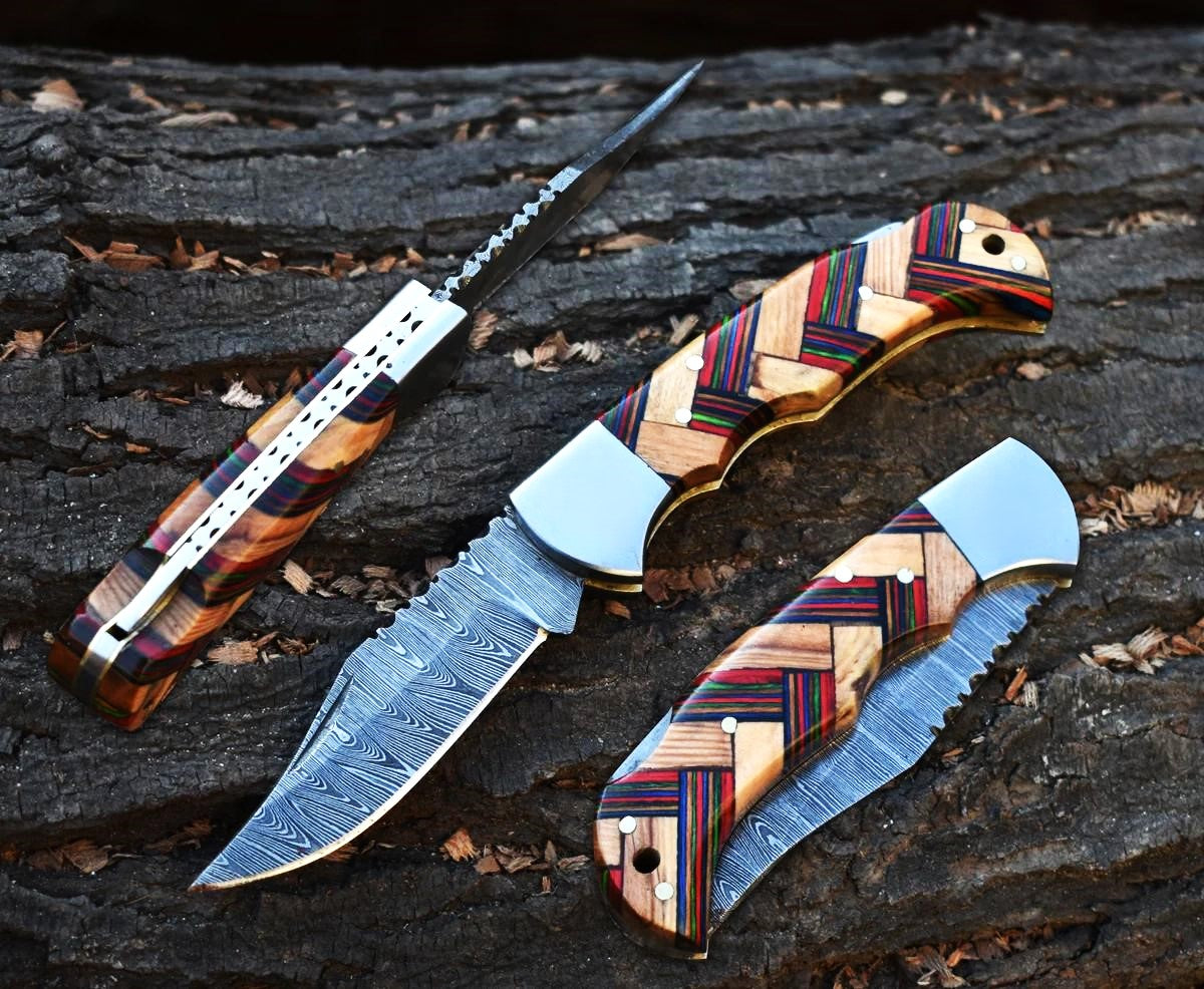 Handmade Damascus Steel Hunting Folding Pocket Knife With Sheath EDC