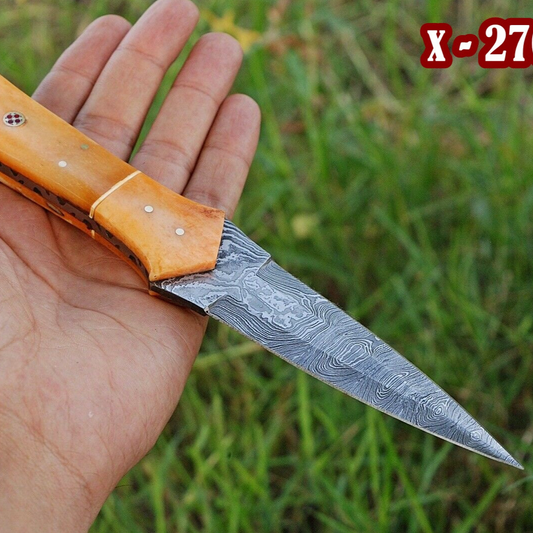 Custom Made Damascus Steel Fixed Blade Knife with Camel Bone Handle x-270