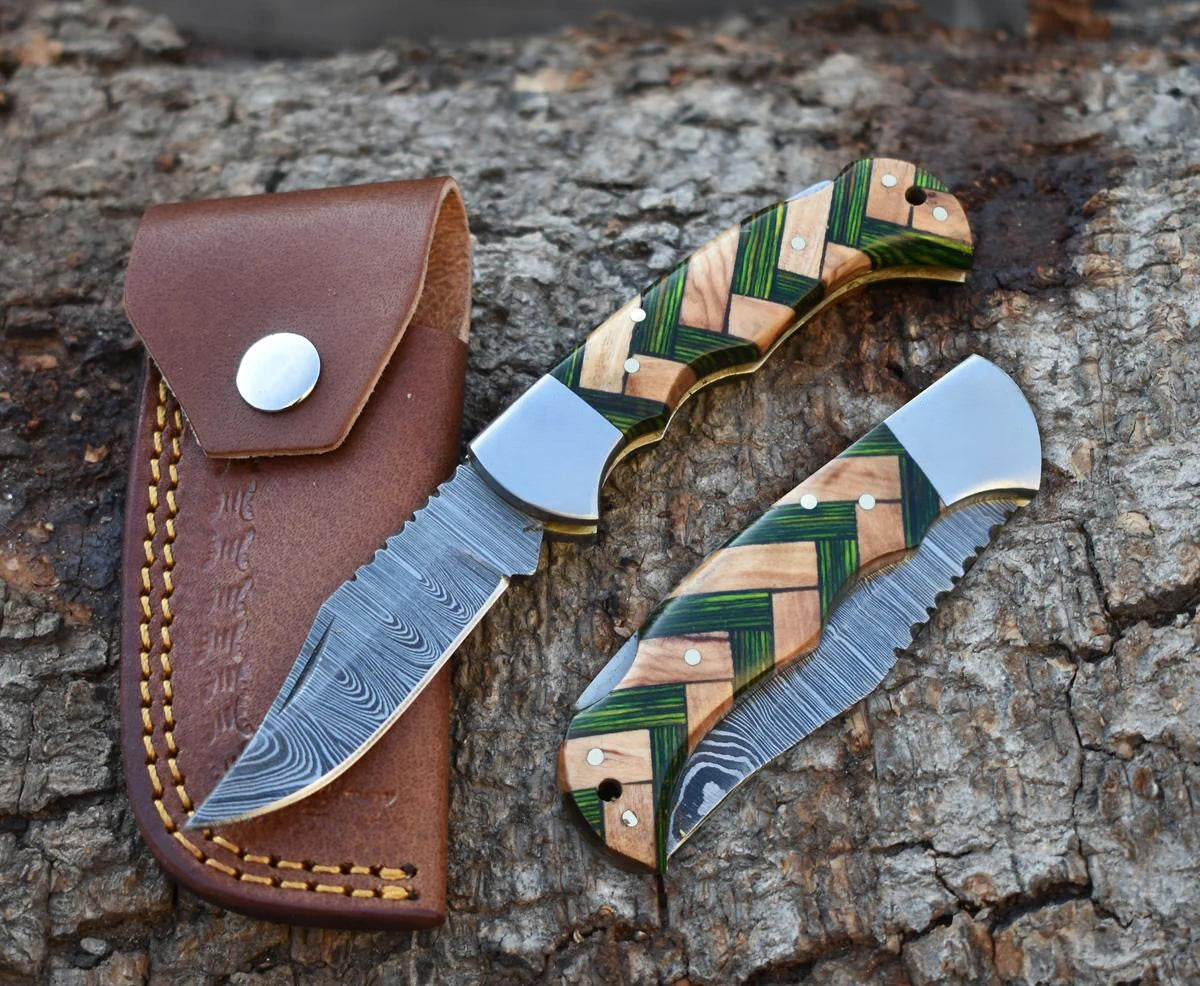 Custom Handmade Damascus Steel Folding Blade Pocket Knife With Sheath