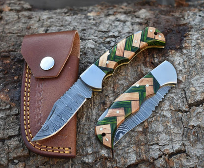 Custom Handmade Damascus Steel Folding Blade Pocket Knife With Sheath