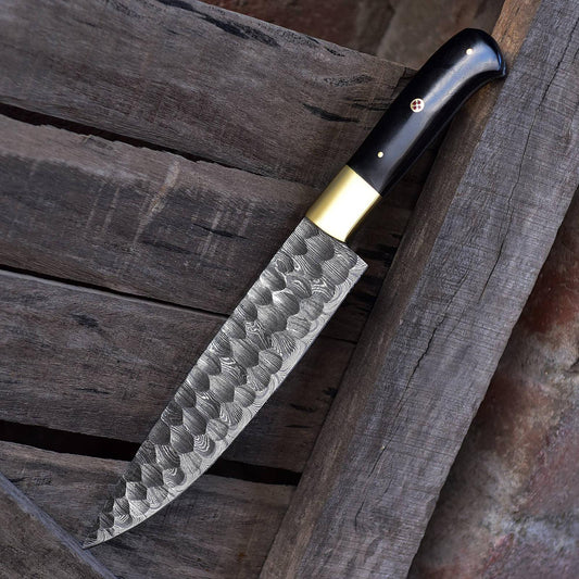 Premium Best Quality Damascus Steel Chef Knife Bull Horn Handle Brass Bolster