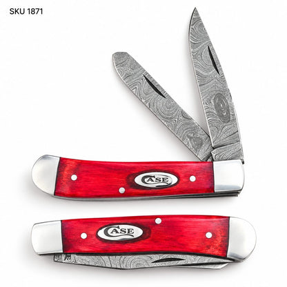 Trapper Pocket Knife – Wood Handle – Dual Blade–Damascus Steel Folding -USA