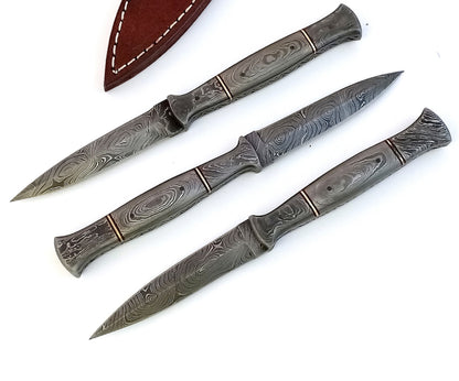 Handmade Forged Damascus Steel Double-Edged Fix blade Dagger Boot Knife Full Tang With Leather Sheath