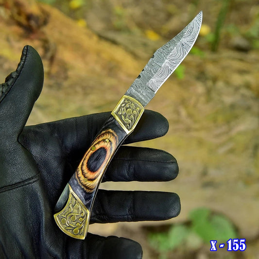 Custom Handmade Damascus steel Folding Blade Pocket Knife Lock Back Engraved Brass Bolster x-155