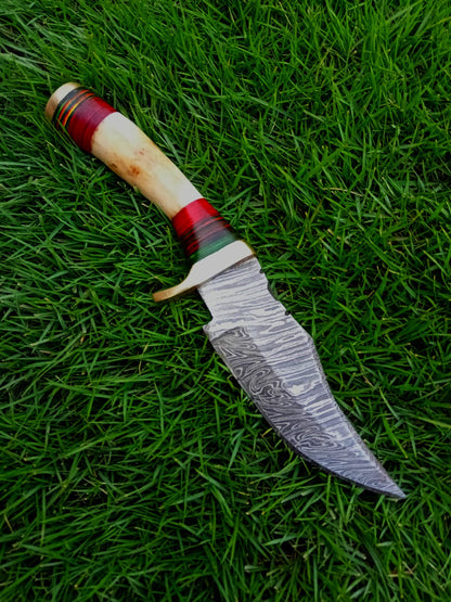 Handmade Damascus Steel Outdoor Fixed Blade Hiking Skinner Knife Stage Handle