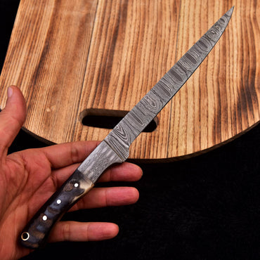 12" Damascus Fillet Chef Knife Ram Horn Handle Damascus Bolster