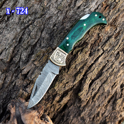 Handmade Damascus Steel Hunting Folding Knife Brass Bolster Wood Handle
