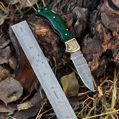 Handmade Damascus Steel Hunting Folding Knife Brass Bolster Wood Handle