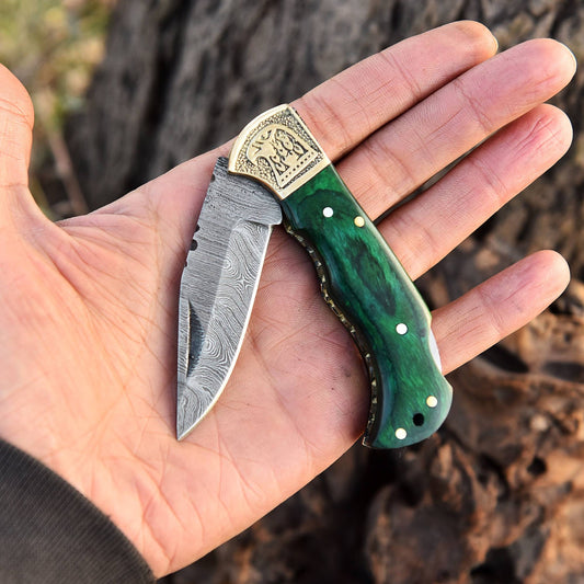 Handmade Damascus Steel Hunting Folding Knife Brass Bolster Wood Handle