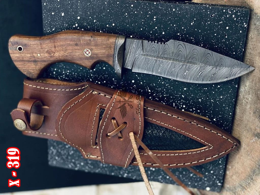 10" Custom Handmade Damascus Hunting Knife with Leather Sheath - Ideal for Skinning Camping Outdoor EDC Fixed Blade Bushcraft Knife with Walnut Wood