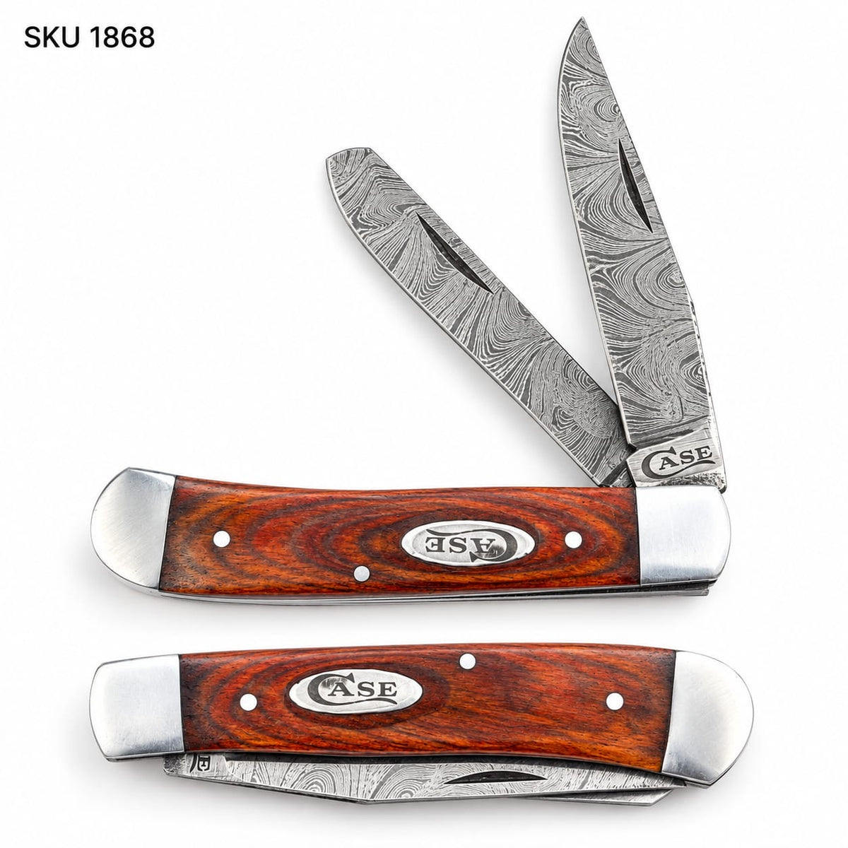 Trapper Pocket Knife – Wood Handle – Dual Blade–Damascus Steel Folding -USA