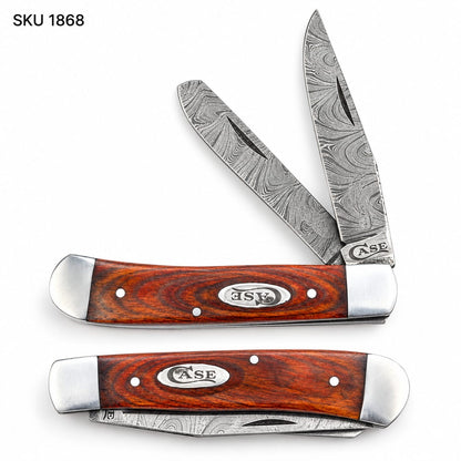 Trapper Pocket Knife – Wood Handle – Dual Blade–Damascus Steel Folding -USA
