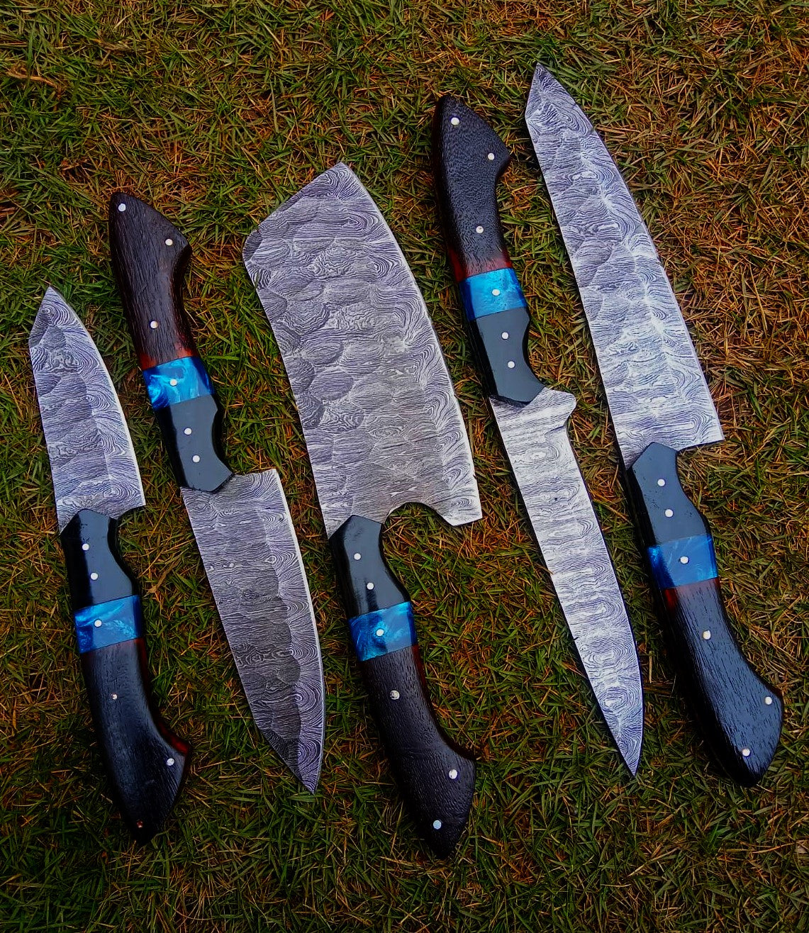 Handmade Damascus 5 PCS Kitchen Knife Set Chef Cutlery Set Wood Resin Handle