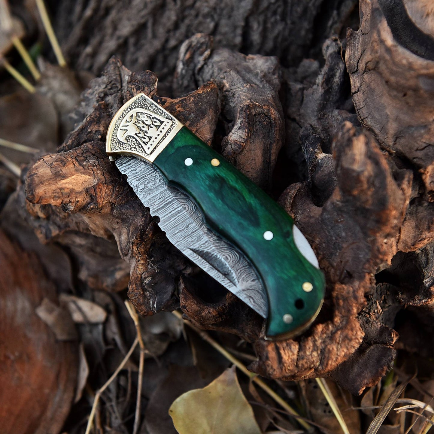 Handmade Damascus Steel Hunting Folding Knife Brass Bolster Wood Handle
