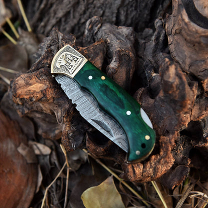 Handmade Damascus Steel Hunting Folding Knife Brass Bolster Wood Handle