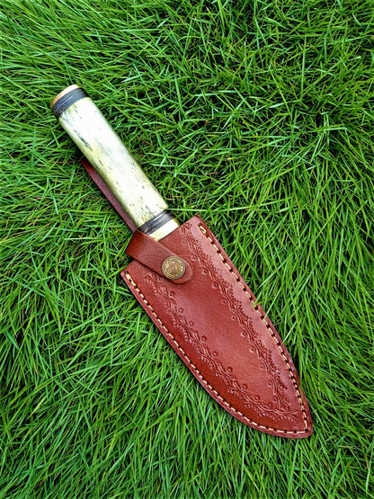 10' Bowie Knife Damascus Steel Fixed Blade Hunting Tactical Knife with Camel Bone Handle