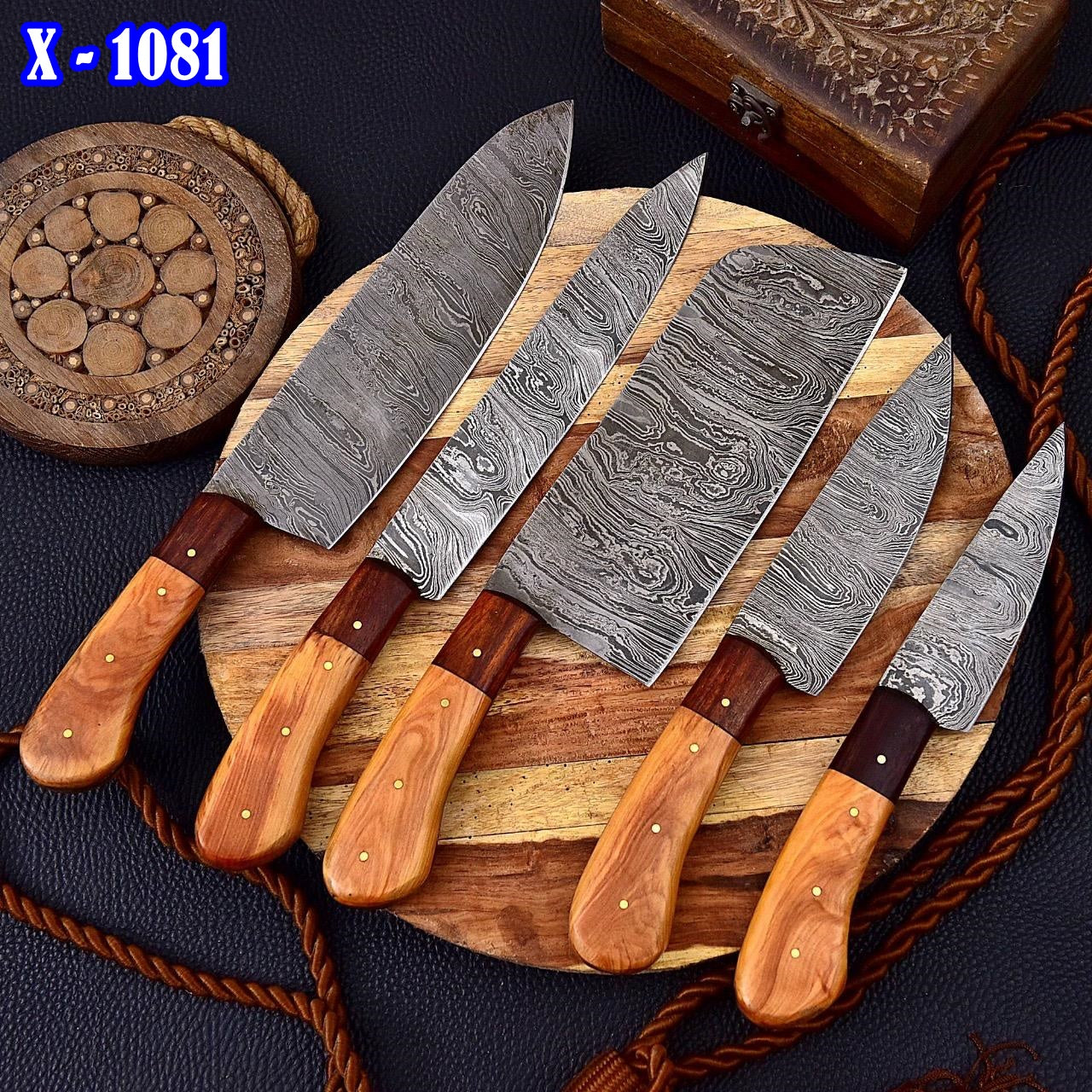 Handmade Damascus Steel Blade 5 Piece Chef Knifes Set Kitchen Cutlery Knife Set