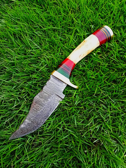 Handmade Damascus Steel Outdoor Fixed Blade Hiking Skinner Knife Stage Handle