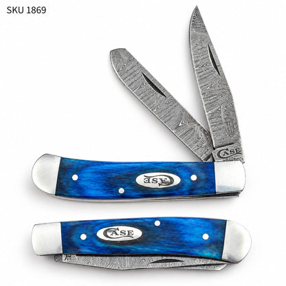 Trapper Pocket Knife – Wood Handle – Dual Blade–Damascus Steel Folding -USA