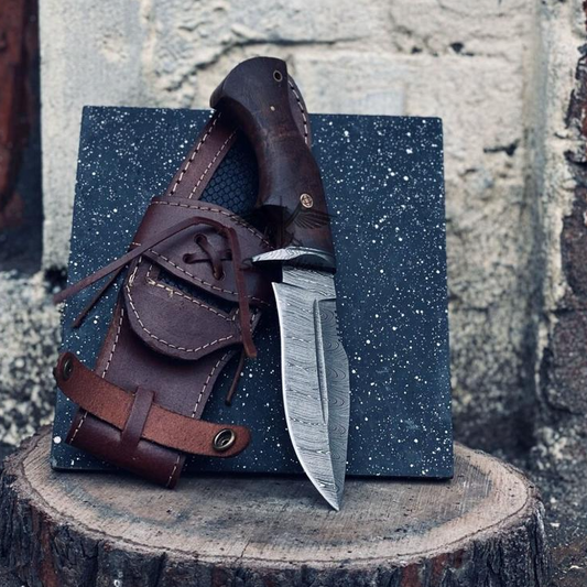 10" Custom Handmade Damascus Hunting Knife with Leather Sheath - Ideal for Skinning Camping Outdoor EDC Fixed Blade Bushcraft Knife with Walnut Wood