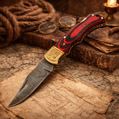 Custom Hand Forged Damascus Steel Folding Knife Wood Handle With Sheath