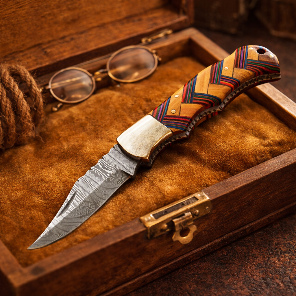 Handmade Damascus Steel Hunting Folding Pocket Knife With Sheath EDC