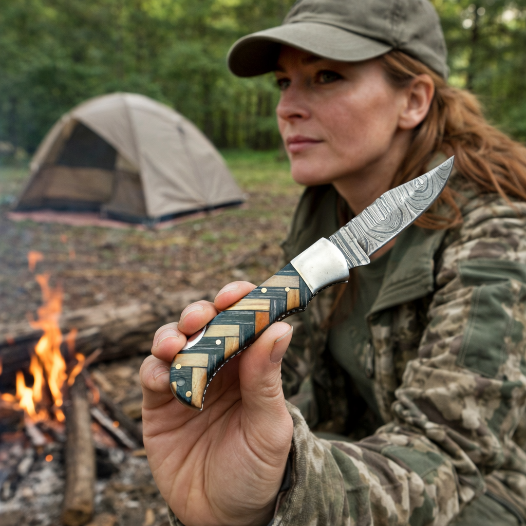 Handmade Damascus Steel Hunting Folding Knife Wood Steel Bolster Handle