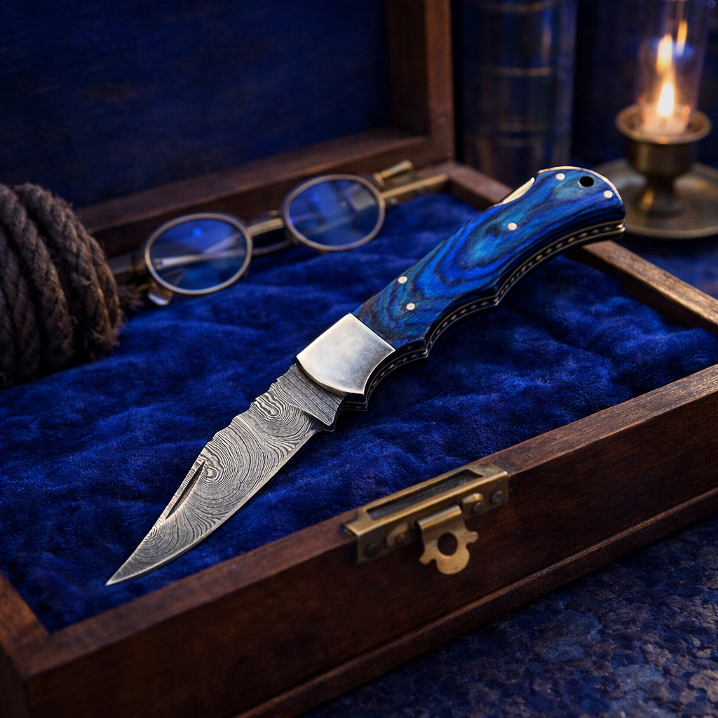 Handmade Damascus Steel Hunting Folding Blade Pocket Knife Wood Handle