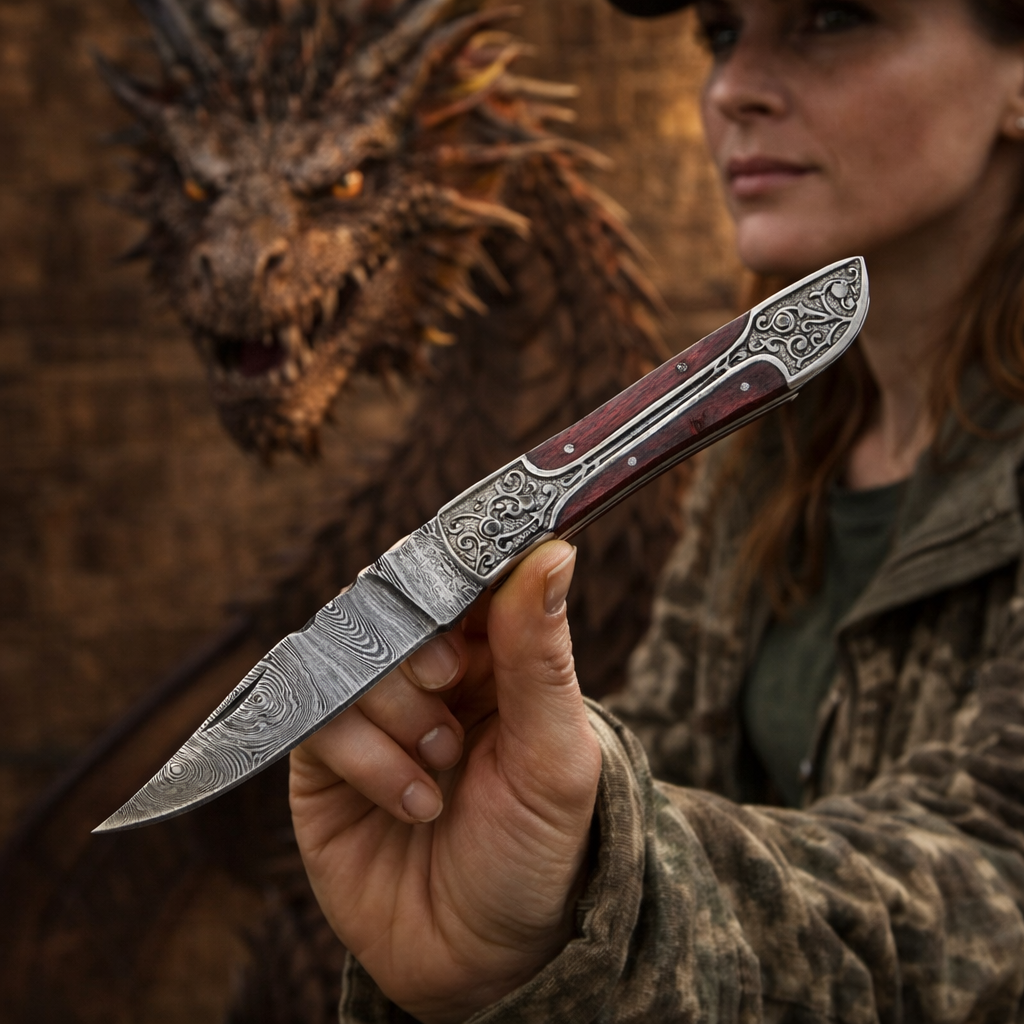 Hand Forged Damascus Steel Hunting Camping Folding Blade Pocket Knife