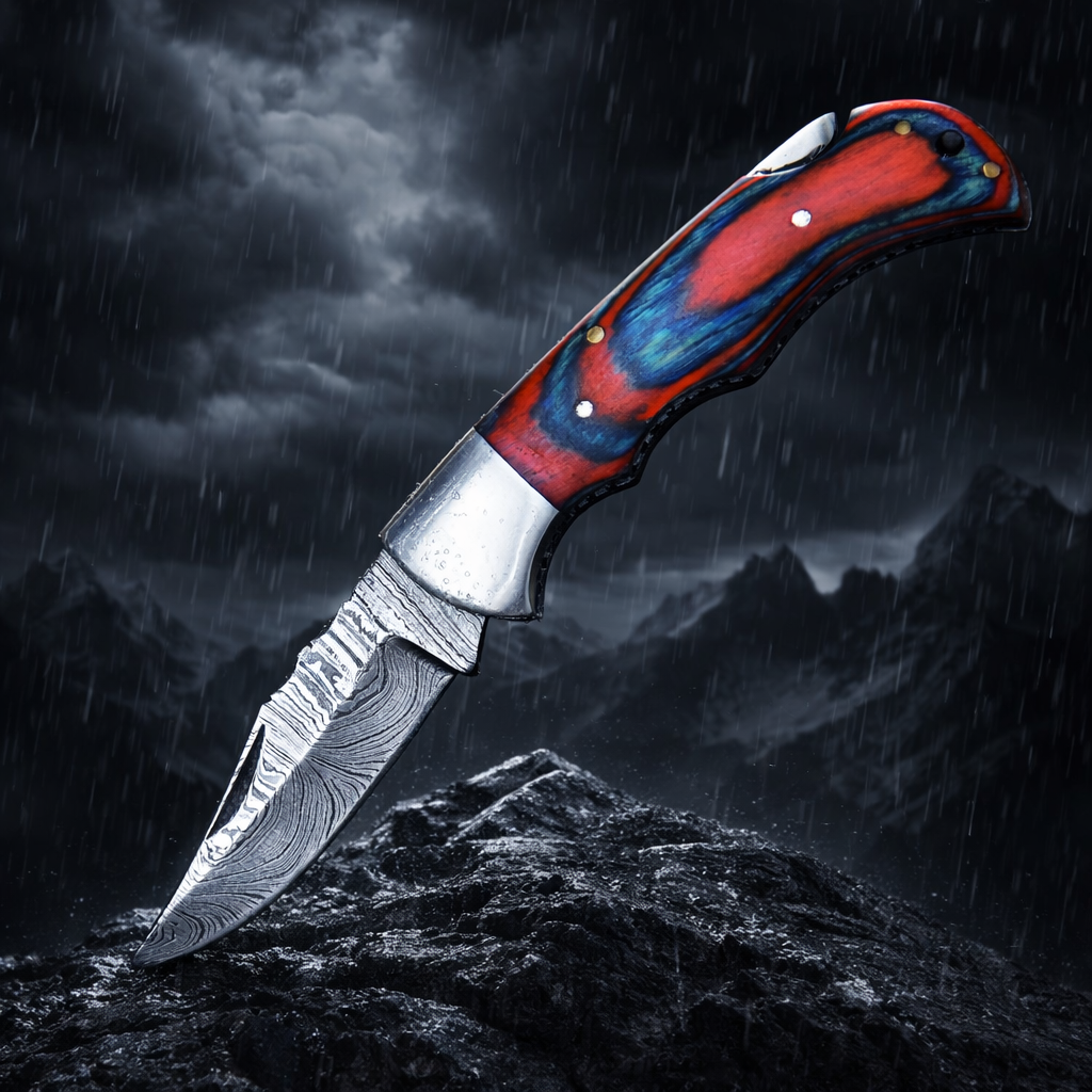 Customs Handmade Damascus Steel Hunting Folding Knife Steel Wood Handle
