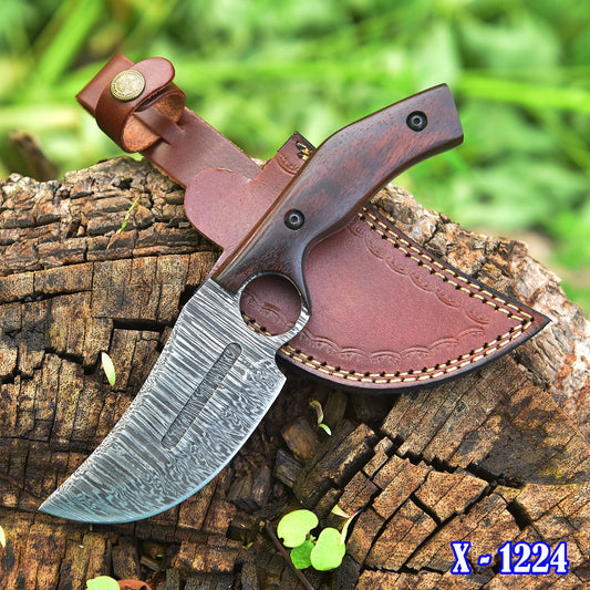 Custom Handmade Forged Damascus Steel Skinning Knife Wood Handle
