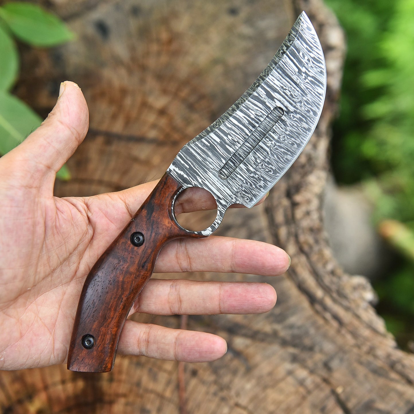 Custom Handmade Forged Damascus Steel Skinning Knife Wood Handle